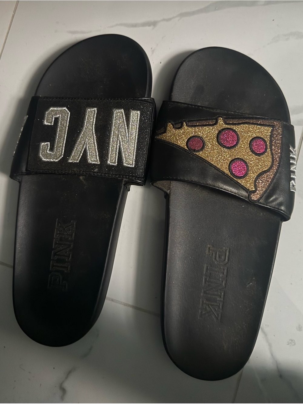 PINK Victoria's Secret Black Slides with NYC Patch and Glitter Pizza